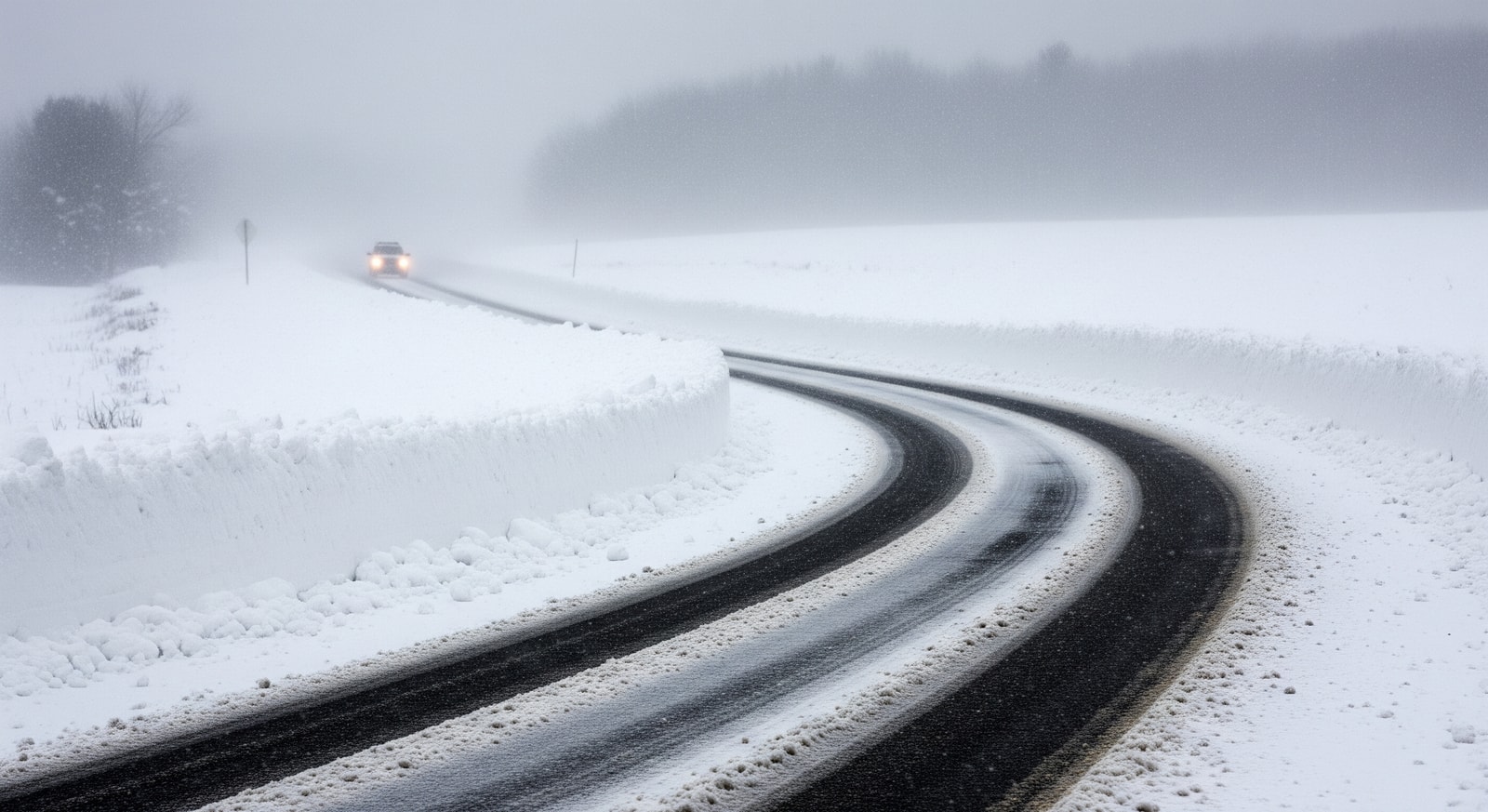 Plowed road with snowbanks and icy conditions in upstate New York during winter storm