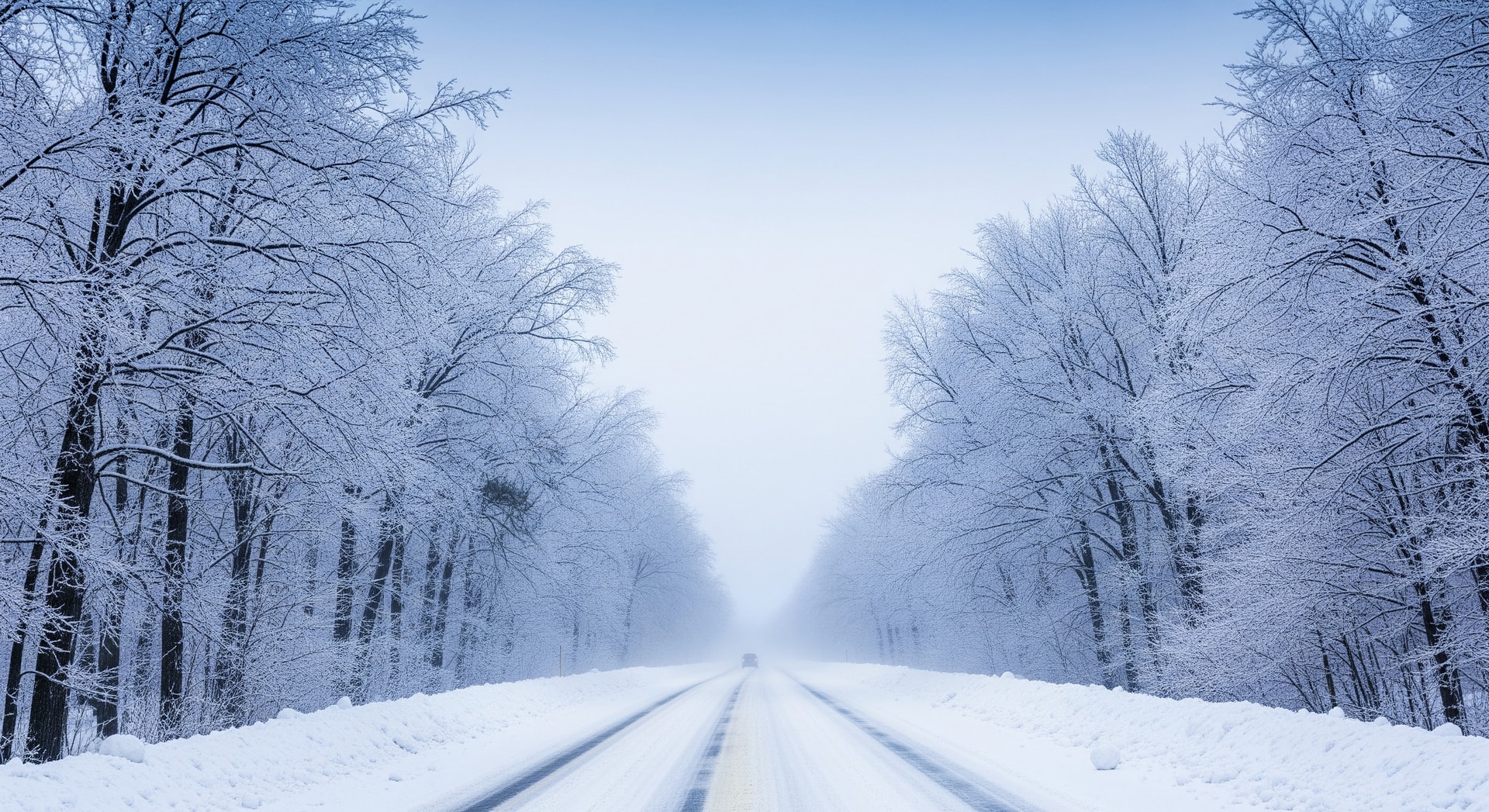 Snow-covered highway and icy roadside trees in upstate New York
