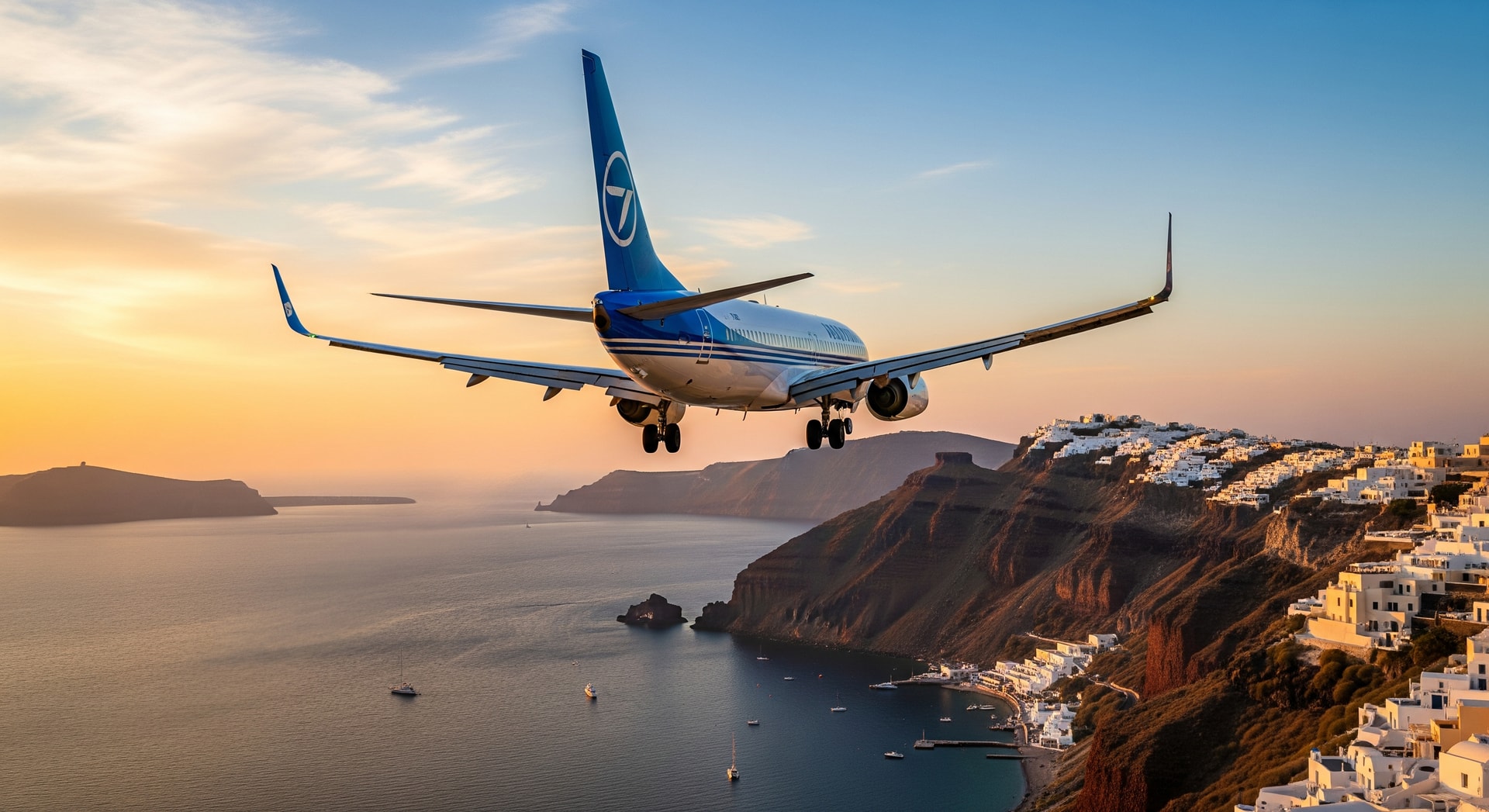A passenger aircraft approaching landing with the coastline of Santorini in the background