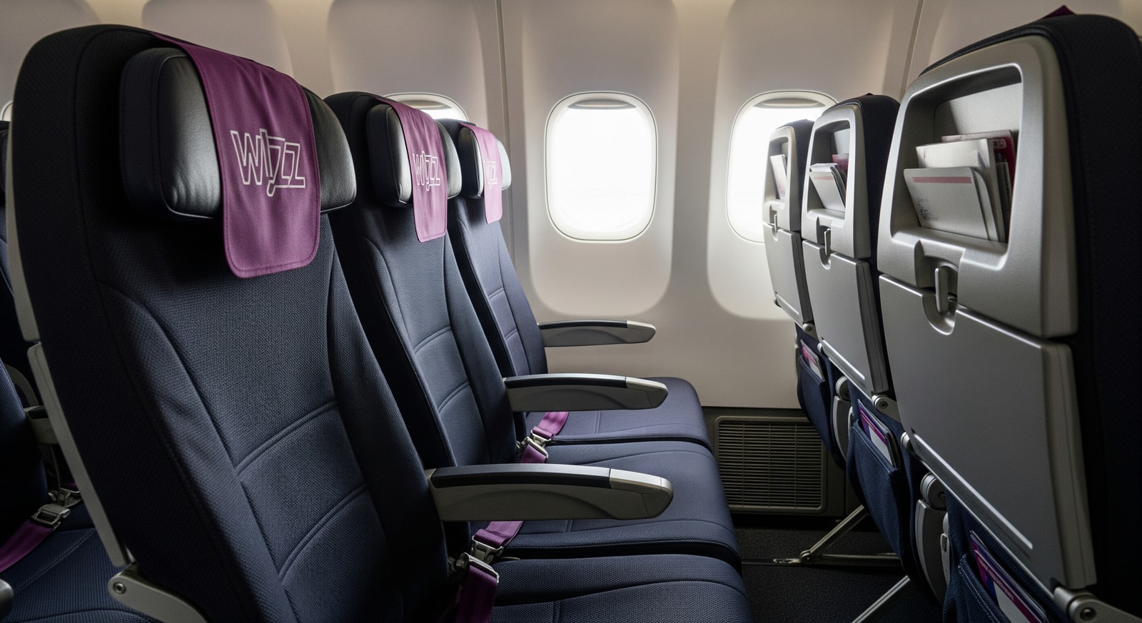 Wizz Air cabin showing WIZZ Class seating with extra legroom and blocked middle seat