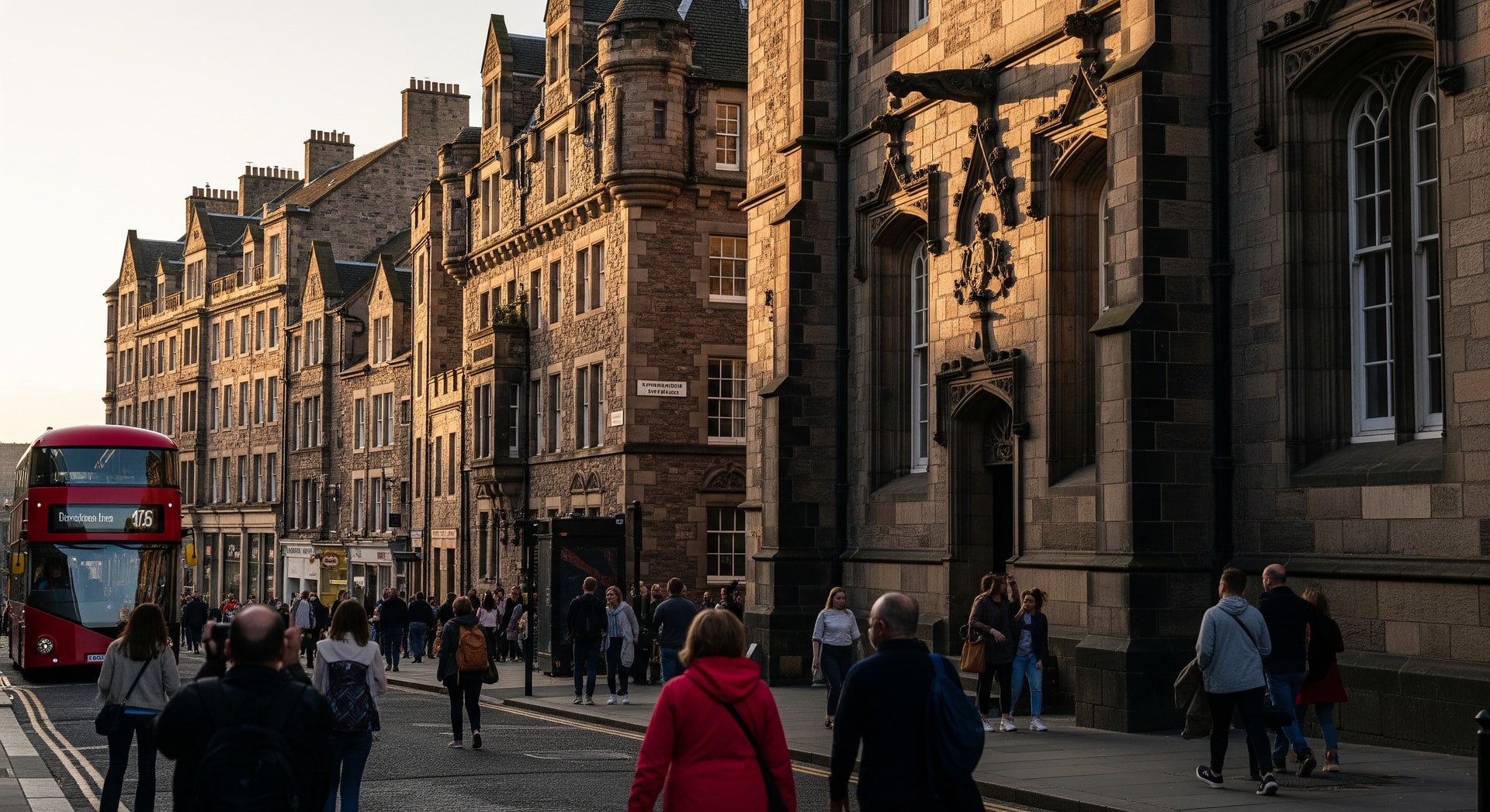 Tourists walking past historic buildings in a UK city centre