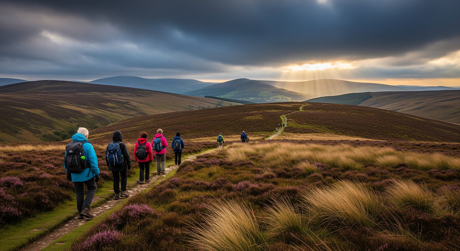 Tourists walking across the Yorkshire Moors near filming locations highlighted by the Wuthering Heights film