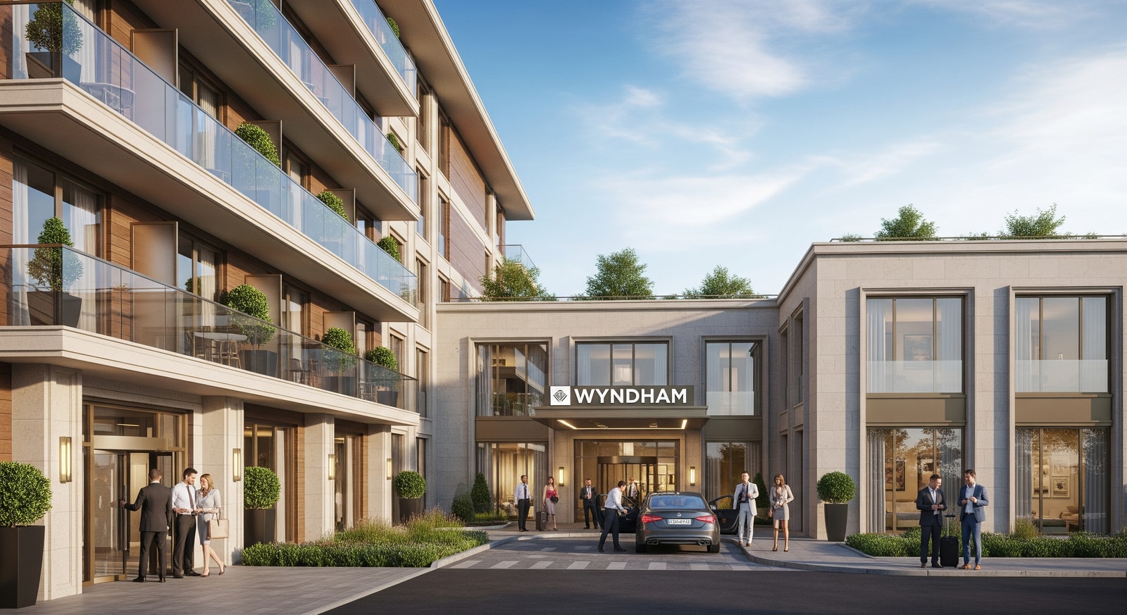 Exterior of a Wyndham property highlighting hospitality expansion in EMEA, including luxury and midscale offerings