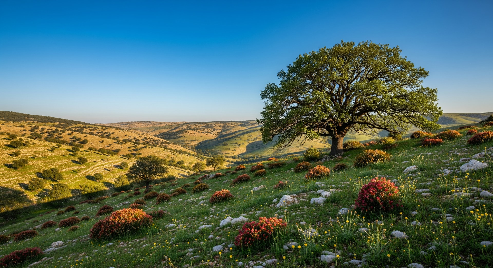Verdant oak forest and rolling hills of Yarmouk Forest Reserve in northern Jordan