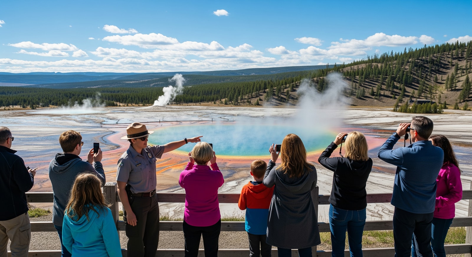 Visitors at a national park viewpoint during a fee-free day, showcasing landscapes at Yellowstone, Yosemite and the Grand Canyon