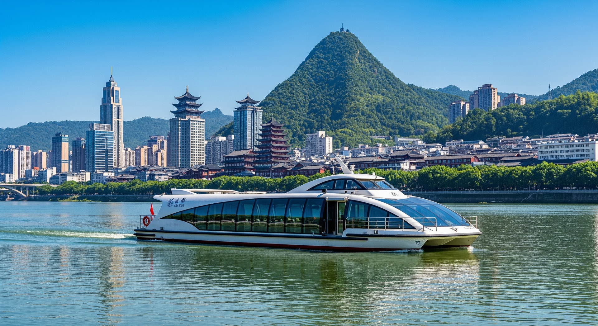 An electric sightseeing vessel cruising on a river in Yibin, Sichuan, China