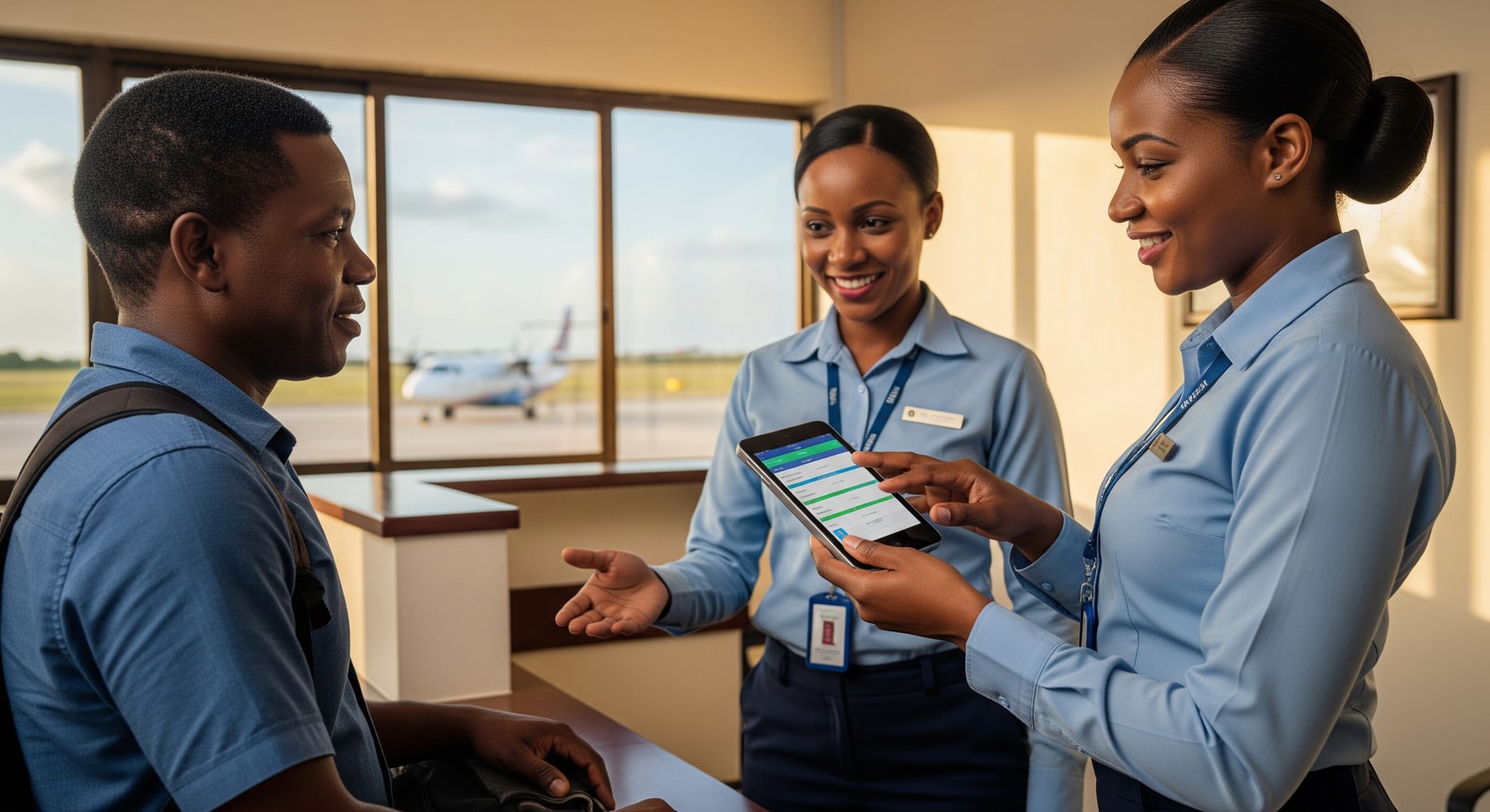 Airport staff using mobile check-in tools to process passengers at a regional Haitian airport